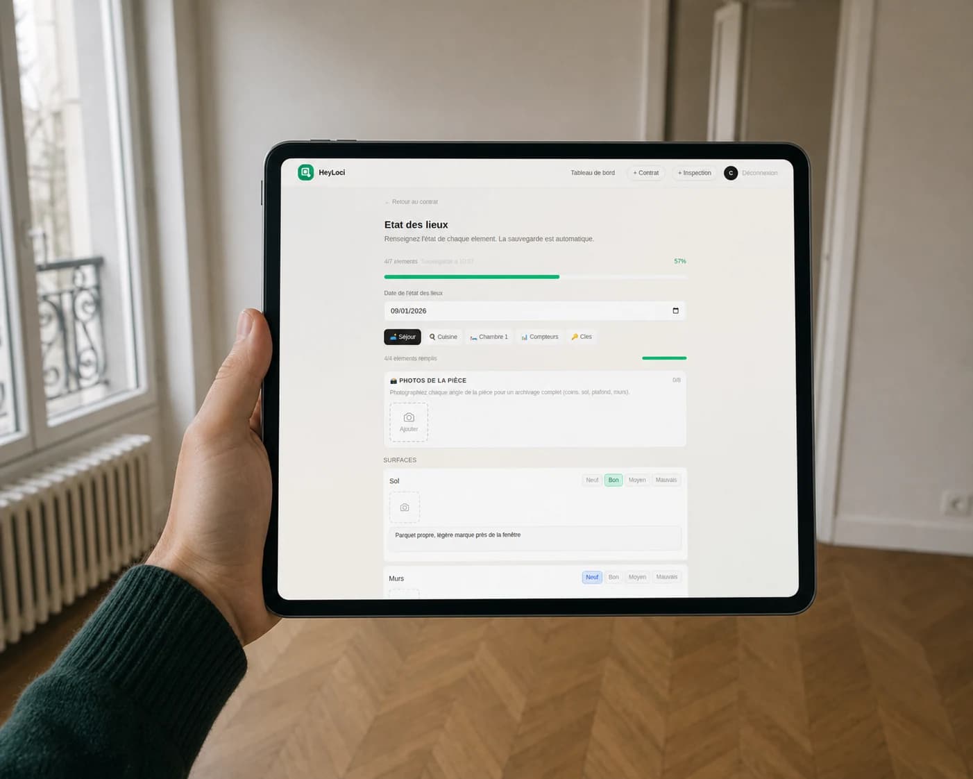Présentation publicitaire HeyLoci d’un état des lieux réalisé sur tablette