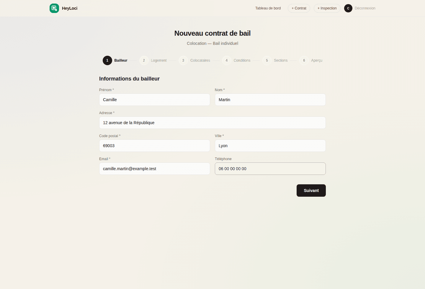 Interface réelle HeyLoci de création d’un contrat de bail